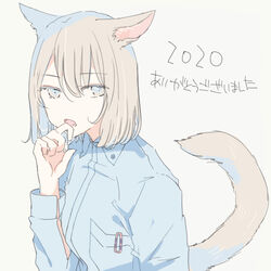  animal_ears blue_eyes blue_shirt blush breast_pocket cat_ears cat_girl cat_tail collared_shirt commentary_request curled_tail female grey_hair hair_ornament hairpin hand_to_own_mouth inutose long_sleeves looking_afar medium_hair open_mouth original pocket raised_eyebrow school_uniform shirt simple_background solo tail 