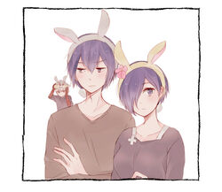  2boys animal_ears animal_hat bad_id bad_pixiv_id black_shirt blush breasts brother_and_sister brown_shirt collarbone colored_skin fake_animal_ears female flower hair_over_one_eye hat highres kaneki_ken kirishima_ayato kirishima_touka large_breasts long_sleeves looking_at_viewer multiple_boys pink_flower purple_eyes purple_hair rabbit_hat red_skin shirt short_hair siblings simple_background tokyo_ghoul tokyo_ghoul:re toukaairab white_background 