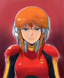  blue_eyes bodysuit female gacha-m gundam gundam_zz hair_between_eyes headband headgear lips looking_at_viewer normal_suit orange_hair pilot_suit puru_two red_background science_fiction short_hair sidelocks solo upper_body 