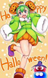  blue_eyes blush commentary_request crown english_text female full_body green_hair green_jacket hair_between_eyes hair_ornament halloween hat highres jack-o&#039;-lantern jack-o&#039;-lantern_hair_ornament jacket legs lidelle_(puyopuyo) long_sleeves looking_at_viewer open_mouth orange_skirt orizen outline pointy_ears pumpkin puyo_(puyopuyo) puyopuyo puyopuyo_fever puyopuyo_quest shoes sidelocks skirt sleeves_past_fingers sleeves_past_wrists slime_(creature) smile standing standing_on_one_leg star_(symbol) tareme thighs white_outline yellow_background 