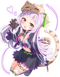  absurdres animal_hands animal_hat black_capelet black_footwear black_shirt black_skirt blush bow brown_gloves capelet claw_pose commentary_request crop_top divergenceok female full_body gloves grey_hair hair_bun hair_ornament hat heart highres holding holding_wand hololive long_hair long_sleeves looking_at_viewer midriff murasaki_shion murasaki_shion_(1st_costume) navel open_mouth pink_bow pinstripe_pattern pinstripe_shirt purple_hair shirt shoes short_eyebrows simple_background single_hair_bun skirt solo striped tail thigh_strap thighhighs v-shaped_eyebrows very_long_hair virtual_youtuber wand white_background yellow_eyes 