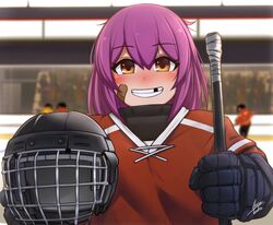  3others aged_down airisubaka alternate_costume alternate_hairstyle artist_name bandaid bandaid_on_cheek bandaid_on_face blurry blurry_background blush brown_eyes commentary english_commentary female hand_up helmet hockey_helmet hockey_stick hockey_sweater hockey_uniform holding ice_hockey leah_(airisubaka) lolicon long_hair looking_at_viewer missing_tooth multiple_others original people purple_hair red_shirt shirt smile solo_focus 