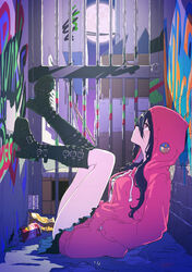  alley bars belt_boots black_hair boots brown_eyes building can drink_can female from_side full_moon graffiti hands_in_pockets high_heel_boots high_heels highres hood hood_up hoodie kagawa_yuusaku knee_boots long_hair lying moon official_art skirt soda_can solo trash virtual_youtuber yumemi_channel yumemip 