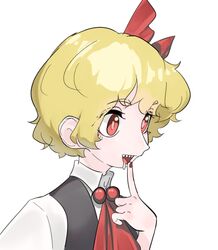  ascot black_vest blonde_hair bow collared_shirt female frogsnake hairbow nail_polish open_mouth red_ascot red_bow red_eyes red_nails rumia saliva sharp_teeth shirt short_hair simple_background solo teeth touhou vest waistcoat wavy_hair white_background white_shirt 