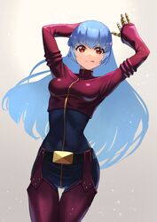  absurdres arm_behind_head arms_up belt blue_hair bodysuit breasts female gloves gradient_background grey_background hara_kenshi highres kula_diamond long_hair looking_at_viewer medium_breasts narrow_waist purple_eyes simple_background skin_tight smile snowing solo the_king_of_fighters tongue tongue_out white_background zipper 