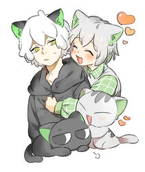  2boys animal_ears black_cat black_hoodie blush cat_boy cat_ears collared_shirt feline green_eyes grey_cat grey_hair heart hood hood_down hoodie huangshou_(the_legend_of_luoxiaohei) long_sleeves luo_xiaohei luo_xiaohei_(cat) luo_xiaohei_(human) luo_xiaohei_zhanji male_focus multiple_boys nyanmu1 open_mouth personification shirt short_hair simple_background smile upper_body white_background white_hair yaoi 