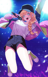  :d absurdres arm_up baseball_cap black_shorts blonde_hair blue_eyes braid breasts concert female hat highres holding holding_microphone jacket jumping long_hair looking_at_viewer microphone multicolored_clothes multicolored_jacket open_clothes open_jacket paripi_koumei shirt short_shorts shorts smile tsukimi_eiko tunamayo_(dsasd751) twin_braids white_shirt 