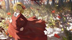  aki_shizuha autumn autumn_leaves black_bow black_bowtie black_hairband blonde_hair blouse bow bowtie closed_eyes closed_mouth collared_shirt commission english_commentary female grass hair_between_eyes hair_ornament hairband highres leaf leaf_hair_ornament light long_skirt long_sleeves red_shirt red_skirt shadow shirt short_hair skirt skirt_hold sky smile solo standing sunlight teasmacker touhou tree white_shirt white_sky wind 