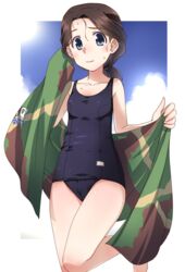  black_eyes black_hair black_one-piece_swimsuit blue_sky border breasts camouflage chi-hatan_(emblem) closed_mouth cloud cloudy_sky commentary_request day drying emblem female girls_und_panzer hair_tie hamada_kiyo holding holding_towel leg_up looking_at_viewer low_ponytail medium_hair old_school_swimsuit one-piece_swimsuit osamada_meika outdoors outside_border partial_commentary ponytail school_swimsuit sky small_breasts smile solo standing standing_on_one_leg swimsuit towel wet white_border 