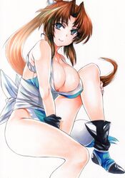  absurdres bare_shoulders breasts brown_hair cleavage closed_mouth commentary_request covered_nipples fatal_fury female highres japanese_clothes knee_up large_breasts lips long_hair looking_at_viewer parted_bangs ponytail revealing_clothes rope rozarin shiny_skin shiranui_mai sitting sleeveless smile solo the_king_of_fighters thighs traditional_media 