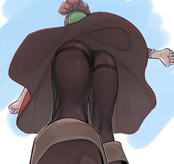  ass black_pantyhose blue_sky boots bow cloud cloudy_sky feet_out_of_frame female frogsnake from_behind from_below green_hair hairbow kagiyama_hina long_sleeves pantyhose sky solo thighband_pantyhose thighs touhou upskirt 