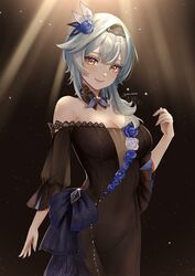  absurdres artist_name bare_shoulders black_dress black_hairband blue_flower blue_hair blue_nails blue_rose breasts cleavage cowboy_shot dark_background detached_collar dress eula_(genshin_concert)_(genshin_impact) eula_(genshin_impact) female flower flower_ornament genshin_impact gnsn_tukituki hair_flower hair_ornament hairband hand_up highres lace-trimmed_dress lace_trim light_particles lipstick looking_at_viewer makeup medium_breasts medium_hair off-shoulder_dress off_shoulder official_alternate_costume rose sidelocks signature solo spotlight wide_sleeves yellow_eyes 