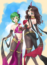  2girls :d absurdres bare_shoulders black_legwear breasts brown_hair commentary_request dorothea_arnault dorothea_arnault_(plegian) feet_out_of_frame fire_emblem fire_emblem:_genealogy_of_the_holy_war fire_emblem:_three_houses fire_emblem_heroes green_eyes green_hair highres large_breasts lene_(fire_emblem) lene_(plegian)_(fire_emblem) long_hair looking_at_viewer medium_breasts miran_(olivine_20) mouth_hold multiple_girls navel official_alternate_costume open_mouth pantyhose pelvic_curtain short_hair smile standing stomach thighlet 