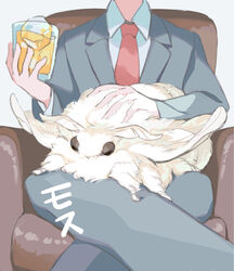  1boy animal animal_on_lap armchair bug chair crossed_legs cup feet_out_of_frame fluffy formal head_out_of_frame highres holding holding_cup male_focus moth necktie on_lap ootani_eiti original oversized_animal oversized_insect petting red_necktie suit translated white_background white_fur 