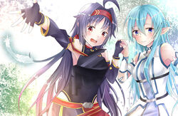  2girls ahoge armor asuna_(sao) asuna_(sao-alo) bare_shoulders black_armor blue_eyes blue_hair breastplate breasts covered_navel detached_sleeves dress feathers fingerless_gloves gloves hair_between_eyes hairband highres holding_hands leotard long_hair looking_at_viewer medium_breasts multiple_girls open_mouth parted_bangs pointy_ears purple_gloves purple_hair red_eyes red_hairband sword_art_online very_long_hair white_dress yozakura_iroha yuuki_(sao) 