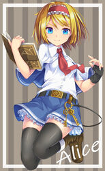  adapted_costume alice_margatroid alternate_costume belt black_gloves black_thighhighs blonde_hair blue_eyes blue_nails blue_skirt blush book boots breasts capelet character_name commentary_request female fingerless_gloves floating frilled_skirt frills full_body gloves hairband hands_up highres holding holding_book key legs legs_folded legs_up lolita_hairband looking_at_viewer medium_breasts medium_hair nail_polish necktie red_necktie shirt short_sleeves single_glove skindentation skirt smile solo thighhighs thighs touhou uumaru white_capelet white_shirt 