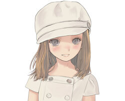  :d blush brown_hair buttons cabbie_hat commentary double-breasted eyelashes female flat_chest grey_eyes hat lipstick long_hair looking_at_viewer makeup md5_mismatch mocha_(snowflake) nose_blush open_mouth original resolution_mismatch shirt short_sleeves simple_background smile solo teeth upper_body white_background white_hat white_shirt 