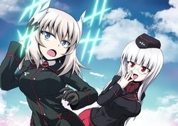  2girls black_gloves black_headwear black_jacket blue_eyes blue_sky cloud cloudy_sky commentary cosplay costume_switch crossover day dress_shirt garrison_cap girls_und_panzer glasses gloves grey_hair hair_ornament hand_on_own_head hand_to_own_mouth hat heidimarie_w._schnaufer highres hirschgeweih_antennas insignia itsumi_erika jacket kamishima_kanon kuromorimine_military_uniform long_hair long_sleeves looking_at_another medium_hair military military_hat military_uniform multiple_girls necktie open_mouth outdoors pleated_skirt red_eyes red_necktie red_shirt red_skirt rimless_eyewear shirt skirt sky smile strike_witches uniform white_hair white_shirt wing_collar world_witches_series 