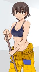  blue_jumpsuit blue_sports_bra breasts brown_eyes brown_hair cleavage clothes_around_waist collarbone eyes_visible_through_hair female girls_und_panzer hair_between_eyes jumpsuit jumpsuit_around_waist medium_breasts nakajima_(girls_und_panzer) navel short_hair simple_background solo sports_bra sweat tanaka_rikimaru two-tone_jumpsuit yellow_jumpsuit 