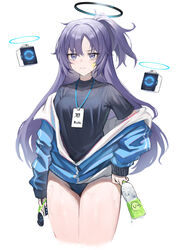  aer7o black_shirt blue_archive blue_buruma blue_jacket bottle breasts buruma cropped_legs female halo highres holding holding_bottle id_card jacket long_hair long_sleeves looking_at_viewer medium_breasts partially_unzipped ponytail purple_eyes purple_hair shirt sidelocks simple_background solo star_sticker sticker_on_face sweat very_long_hair water_bottle white_background yuuka_(blue_archive) yuuka_(track)_(blue_archive) 