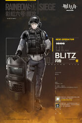  1boy arknights ballistic_shield blitz_(rainbow_six_siege) blonde_hair bulletproof_vest character_name chinese_text crossover denim gloves helmet highres jeans korean_commentary liduke looking_at_viewer male_focus official_art pants radio rainbow_six_siege red_eyes shield shoes smile sneakers solo tactical_clothes third-party_source translation_request 