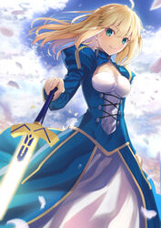  ahoge alternate_hairstyle artoria_pendragon_(fate) blonde_hair blue_dress blue_sky breasts cleavage_cutout closed_mouth clothing_cutout cloud commentary_request day dress excalibur_(fate/stay_night) fate/grand_order fate/stay_night fate_(series) female fingernails floating_hair glowing glowing_sword glowing_weapon green_eyes hair_between_eyes hair_down highres holding holding_sword holding_weapon juliet_sleeves lips long_hair long_sleeves looking_at_viewer medium_breasts neko_daruma outdoors petals pink_lips puffy_sleeves saber_(fate) sky smile solo sword weapon 