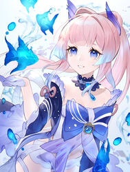  blue_eyes blunt_bangs bow-shaped_hair detached_collar female fish frilled_sleeves frills genshin_impact gloves highres outstretched_hand pink_hair sangonomiya_kokomi short_shorts shorts smile type-alpha vision_(genshin_impact) water water_drop white_gloves wide_sleeves 