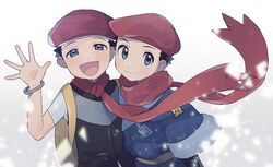  2boys :d asari_(ikite_oshi) backpack bad_id bad_twitter_id bag black_hair bracelet closed_mouth commentary_request floating_scarf galaxy_expedition_team_survey_corps_uniform grey_eyes hand_up hat highres jewelry light_blush looking_at_viewer lucas_(pokemon) male_focus multiple_boys open_mouth pokemon pokemon_dppt pokemon_legends:_arceus red_headwear red_scarf rei_(pokemon) sash scarf short_hair short_sleeves smile sparkle spread_fingers time_paradox tongue yellow_bag 