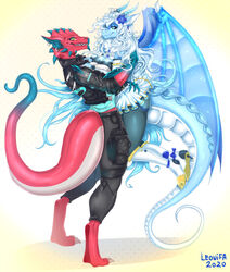  anthro big_breasts blue_body blue_eyes blue_scales breasts claws clothed clothing digital_media_(artwork) dragon duo face_to_face female green_eyes hair hi_res holding_(disambiguation) horn leonifa membrane_(anatomy) red_body red_scales reptile scales scalie simple_background smile wings 