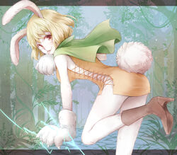  0aoiurn0 :p animal_ears animal_hands blonde_hair body_fur boots brown_eyes brown_footwear cape carrot_(one_piece) commentary_request cross-laced_slit electricity female forest furry furry_female gloves green_cape letterboxed looking_at_viewer nature one_piece paw_gloves rabbit_ears rabbit_girl rabbit_tail short_hair sideless_outfit solo tail tongue tongue_out tree white_gloves 