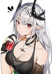  ^^^ absurdres arknights bad_id bad_pixiv_id bare_shoulders black_dress black_gloves breasts cleavage closed_mouth collar collarbone cross cross_necklace cup detached_sleeves dress drink drinking_glass earrings facial_mark female from_above gloves hair_ornament highres holding holding_cup horns ice ice_cube jewelry large_breasts looking_at_viewer looking_up mudrock_(arknights) mudrock_(obsidian)_(arknights) necklace notice_lines official_alternate_costume partially_fingerless_gloves pointy_ears red_eyes short_sleeves solo soranoki upper_body 