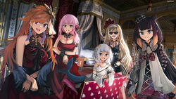  5girls absurdres advarcher bed black_dress blonde_hair blue_eyes breasts candelabra candlestand canopy_bed choker cleavage couch curtains day dress dutch_angle earrings fake_facial_hair fake_mustache feather_earrings feathers fins fish_tail gawr_gura gawr_gura_(party_dress) grey_hair grin hallway highres hololive hololive_english holomyth indoors jewelry large_breasts long_hair looking_at_viewer low-tied_long_hair mansion mori_calliope mori_calliope_(party_dress) multiple_girls ninomae_ina&#039;nis ninomae_ina&#039;nis_(party_dress) official_alternate_costume open_mouth orange_hair painting_(object) pink_eyes pink_hair purple_eyes purple_hair red_dress shark_tail sidelocks smile swept_bangs tail takanashi_kiara takanashi_kiara_(party_dress) tentacle_hair very_long_hair virtual_youtuber watson_amelia watson_amelia_(party_dress) white_dress 