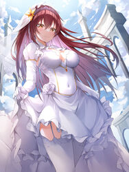  absurdres blush breasts closed_mouth cloud covered_navel dress eden_(honkai_impact) elbow_gloves female gloves gr_greeze highres honkai_(series) honkai_impact_3rd large_breasts looking_at_viewer outdoors red_hair skirt_hold smile solo thighhighs thighs veil white_dress white_gloves white_headwear white_thighhighs yellow_eyes 