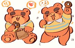  2021 absurd_res animal_crossing anthro bear brown_body brown_fur buta5kawa chibi closed_eyes clothing dessert doughnut eating food fur hi_res kemono mammal nintendo pastry shirt sitting slightly_chubby solo teddy_(animal_crossing) topwear 