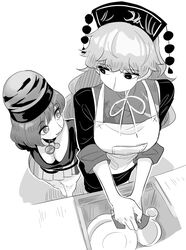  2girls apron bare_shoulders breasts choker dishwashing downblouse dress foreshortening frogsnake greyscale hecatia_lapislazuli height_difference junko_(touhou) long_hair looking_at_another medium_breasts medium_hair monochrome multiple_girls phoenix_crown pleated_skirt simple_background sink skirt sleeves_rolled_up tabard thighs touhou white_background 