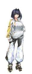  absurdres blue_eyes blue_hair breasts commentary english_commentary female full_body hair_between_eyes hair_intakes hand_in_pocket highres ho2nium hololive hololive_english hood hood_down hoodie large_breasts long_sleeves looking_at_viewer ouro_kronii roller_skates short_sleeves simple_background skates solo standing virtual_youtuber white_background 