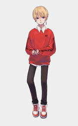  androgynous black_pants blonde_hair collared_shirt earrings full_body highres jewelry long_sleeves looking_at_viewer original pants parted_lips purple_eyes red_sweater ritao_kamo shirt shoes short_hair simple_background solo standing sweater white_background white_footwear white_shirt 