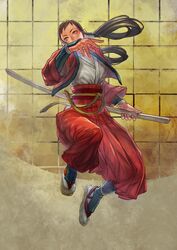  absurdres armor bakumatsu_rouman bakumatsu_rouman_dainimaku black_hair commentary_request covered_mouth female fighting_stance fingernails full_body hair_rings hakama hakama_skirt hand_on_hilt highres holding holding_sheath japanese_armor japanese_clothes katana kote long_hair obi ready_to_draw red_eyes red_hakama sandals sash sheath sheathed shirasaya skirt solo split_ponytail stn_sentan sword tabi takane_hibiki weapon 