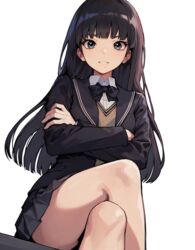  amagami ayatsuji_tsukasa black_bow black_bowtie black_eyes black_hair black_jacket black_sailor_collar black_skirt blazer bow bowtie collared_shirt crossed_arms crossed_legs female jacket long_hair long_sleeves looking_at_viewer pleated_skirt sailor_collar satuki_(jo4pr8) school_uniform shirt simple_background sitting skirt smile solo straight_hair sweater_vest thighs white_background white_shirt yellow_sweater_vest 