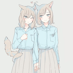  2girls animal_ears arm_at_side blue_eyes blue_shirt blush cat_ears cat_girl cat_tail collared_shirt commentary_request ear-to-ear grey_hair grey_skirt holding_hands interlocked_fingers inutose long_sleeves medium_hair multiple_girls one_eye_closed original pen_in_pocket school_uniform shirt sideways_glance simple_background skirt smile tail tail_wrap yuri 