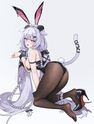  absurdres all_fours animal_ears ass black_leotard blue_eyes blush braid breasts fake_animal_ears fake_tail female from_behind full_body grey_hair hair_ornament hair_spread_out hairclip heterochromia high_heels highres large_breasts last_origin leotard long_hair no_shoes official_alternate_costume open_mouth orange_eyes pantyhose paw_pose perrault_(last_origin) playboy_bunny rabbit_ears rabbit_tail shoes simple_background single_shoe solo tail tunamayo_(dsasd751) twin_braids twintails very_long_hair white_background 