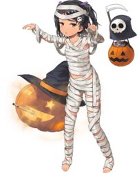  bandages barefoot black_eyes black_hair braid candy chocolate female food full_body ghost grey_eyes hair_ornament halloween halloween_costume jack-o&#039;-lantern jiji_(aardvark) kantai_collection mole mole_under_eye mummy mummy_costume naked_bandage non-web_source official_art open_mouth scirocco_(kancolle) short_hair skull_hair_ornament solo tan transparent_background turret two_side_up 