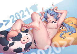  2021 animal_ears animal_print armpits bare_legs barefoot bean_bag_chair blue_hair blue_nails bra breasts chinese_zodiac commentary cow_ears cow_girl cow_horns cow_print cow_tail feet female fingernails foot_focus highres horns horns_pose large_breasts long_fingernails long_hair looking_at_viewer lying multicolored_nails mushi_aoi nail_polish on_back original panties print_bra print_panties puckered_lips side-tie_panties sidelocks solo stuffed_animal stuffed_cow stuffed_toy tail toenail_polish toenails underwear white_bra white_panties year_of_the_ox yellow_eyes yellow_nails 