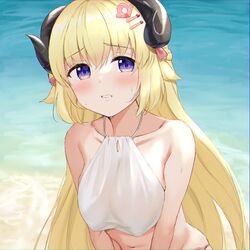  alternate_costume animal_ears beach bikini blonde_hair blush braid breasts breasts_squeezed_together chromatic_aberration clenched_teeth collarbone covered_nipples day embarrassed female hair_between_eyes hair_ornament hair_ribbon hairclip half_updo highres hololive horns long_hair looking_to_the_side medium_breasts midriff navel ocean outdoors pink_ribbon purple_eyes ribbon sheep_ears sheep_girl sheep_horns solo sweatdrop swimsuit tareme teeth tsunomaki_watame upper_body very_long_hair virtual_youtuber water white_bikini yotsugi 