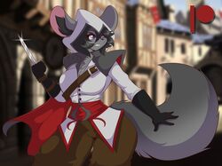  absurd_res anthro assassin assassin&#039;s_creed bottomwear city clothing ezio_auditore female fur gloves grey_body grey_fur handwear hi_res hidden_blade hood hoodie hybrid knife mammal mastergodai mouse murid murine pants purple_eyes rodent sciurid solo topwear tree_squirrel ubisoft 