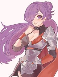  armor breasts chimney_(chimney0311) cleavage commentary_request female fire_emblem fire_emblem:_three_houses fire_emblem_warriors:_three_hopes gauntlets hair_bun hair_over_one_eye half_updo highres long_hair medium_breasts purple_eyes purple_hair shez_(female)_(fire_emblem) shez_(fire_emblem) shoulder_armor simple_background smile solo white_background 