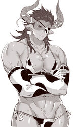  1boy abs absurdres alternate_costume animal_ears animal_print bara black_panties bra bulge chiharudaaaaaaa chinese_zodiac cow_boy cow_ears cow_horns cow_print cowboy_shot crossdressing crossed_arms draph elbow_gloves eyepatch gloves granblue_fantasy groin highres horns large_pectorals long_hair male_focus mature_male monochrome multicolored_clothes multicolored_panties muscular muscular_male navel obliques panties pectoral_cleavage pectorals pointy_ears print_bra print_panties reinhardtzar sideburns sidepec solo stomach thighs underwear white_panties year_of_the_ox 