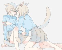  2girls animal_ears arm_grab blue_eyes blue_shirt blush cat_ears cat_girl cat_tail collared_shirt commentary_request grey_hair grey_skirt inutose kneeling long_sleeves looking_at_another medium_hair multiple_girls original parted_lips school_uniform shirt simple_background sitting skirt tail tail_wrap thighs yuri 