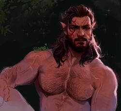  1boy alternate_facial_hair arm_hair baldur&#039;s_gate baldur&#039;s_gate_3 bara beard braid brown_hair chest_hair dungeons_&amp;_dragons elf esaart facial_hair hairy halsin large_pectorals looking_ahead male_focus mature_male medium_hair moustache muscular muscular_male nipples nude out-of-frame_censoring pectorals pointy_ears solo tattoo thick_eyebrows thick_mustache upper_body 