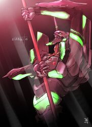  black_background copyright_name eva_01 green_eyes highres holding holding_staff horns looking_up matutoya mecha neon_genesis_evangelion no_humans robot science_fiction single_horn solo staff 